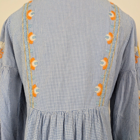 Zara Women Gingham Embroidered Mini Dress Long Sleeve Tassels Lantern Sleeve - Picture 3 of 15